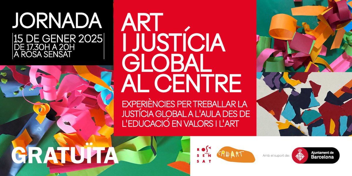 CREART (@creartong) on Twitter photo 🎨⚖️ Demà arriba la jornada que posa l'art i la justícia global al lloc que es mereixen a les aules!
📌 Organitzen: Creart i <a href="/RosaSensat/">Associació de Mestres Rosa Sensat</a>
🙌 Amb el suport de <a href="/BCNJustGlobal/">BCN_JustíciaGlobal</a>
📚✨ Encara hi sou a temps! 🕐Apunteu-vos-hi! 🎉👉 #Art #JustíciaGlobal #Educació
rosasensat.org/producte/art-i… 🎨⚖️ Demà arriba la jornada que posa l'art i la justícia global al lloc que es mereixen a les aules!
📌 Organitzen: Creart i <a href="/RosaSensat/">Associació de Mestres Rosa Sensat</a>
🙌 Amb el suport de <a href="/BCNJustGlobal/">BCN_JustíciaGlobal</a>
📚✨ Encara hi sou a temps! 🕐Apunteu-vos-hi! 🎉👉 #Art #JustíciaGlobal #Educació
rosasensat.org/producte/art-i…