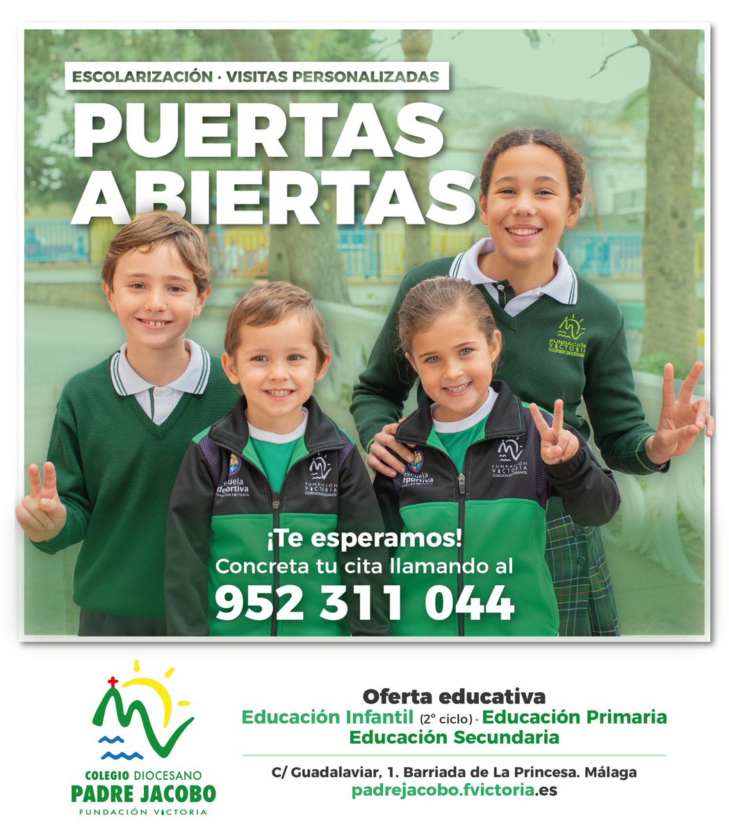 #Escolarización
📅 𝗖𝗶𝘁𝗮𝘀 𝗽𝗲𝗿𝘀𝗼𝗻𝗮𝗹𝗶𝘇𝗮𝗱𝗮𝘀:
Te invitamos a concertar una cita para visitar nuestras instalaciones y conocer de cerca nuestro proyecto educativo
Teléfono: 𝟵𝟱𝟮 𝟯𝟭 𝟭𝟬 𝟰𝟰 𝗽𝗮𝗱𝗿𝗲𝗷𝗮𝗰𝗼𝗯𝗼@𝗳𝘂𝗻𝗱𝗮𝗰𝗶𝗼𝗻𝘃𝗶𝗰𝘁𝗼𝗿𝗶𝗮.𝗲𝗱𝘂.𝗲𝘀
