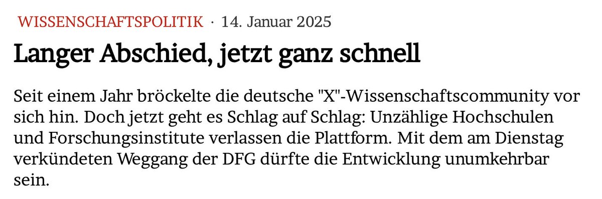 Langer Abschied, jetzt ganz schnell

Seit einem Jahr bröckelte die deutsche "X"-Wissenschaftscommunity vor sich hin. Doch jetzt geht es Schlag auf Schlag: Unzählige Hochschulen und Forschungsinstitute verlassen die Plattform.  #WissXit

Im Blog: jmwiarda.de/2025/01/14/lan…