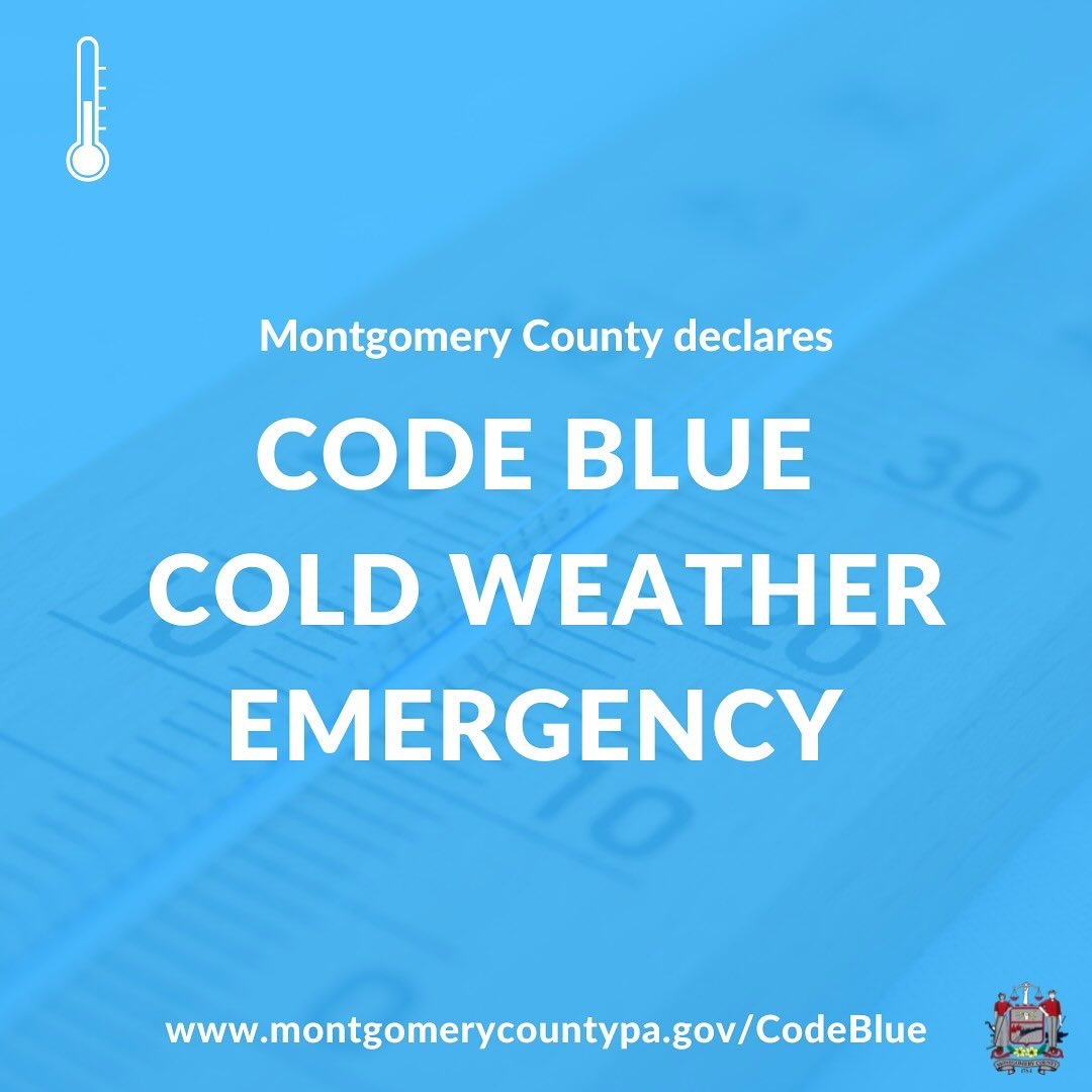 A Code Blue cold weather emergency has been declared for the period beginning Tues., Jan. 14, 2025, at 9 p.m. and ending on Mon., Jan. 20, 2025, at 9 a.m.

Residents of Montgomery County who need emergency shelter during a Code Blue can call 610.278.3522.

montgomerycountypa.gov/CivicAlerts.as…