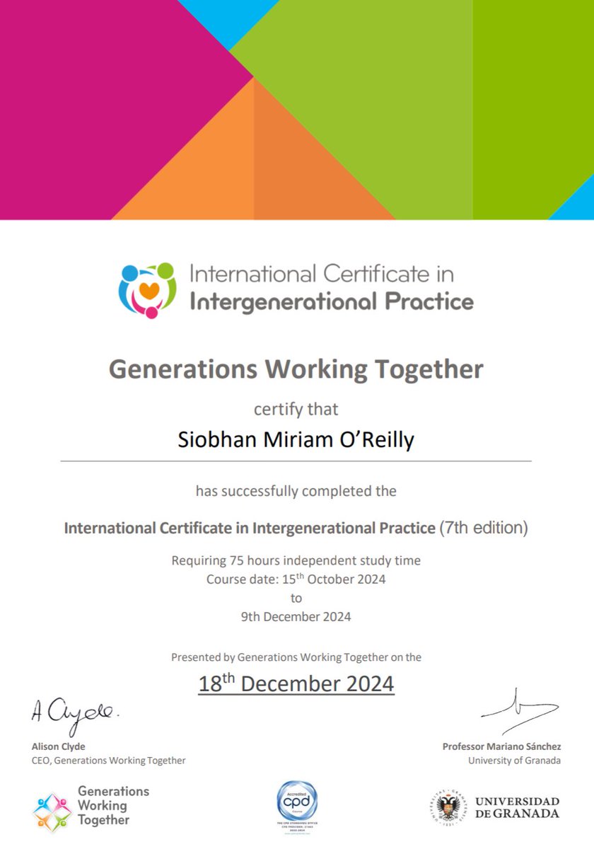 Siobhán O'Reilly (@siobhanoreilly_) on Twitter photo Grateful to have had the opportunity to complete the International Certificate in Intergenerational Practice with <a href="/GenerationsWT/">Generations Working Together</a> last semester.
I am looking forward to implementing what I have learned into my practice going forward 💃
Intergenerational practice is essential! Grateful to have had the opportunity to complete the International Certificate in Intergenerational Practice with <a href="/GenerationsWT/">Generations Working Together</a> last semester.
I am looking forward to implementing what I have learned into my practice going forward 💃
Intergenerational practice is essential!
