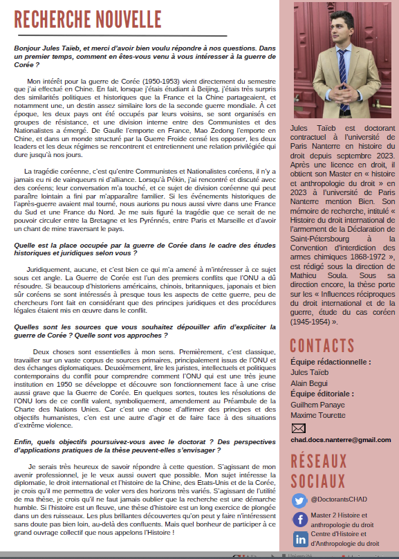 Voici le nouveau numéro de la newsletter des doctorant.e.s du centre d'Histoire et d'Anthropologie du droit !