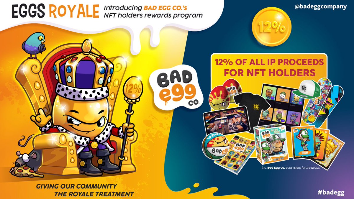 Introducing Eggs Royale! 🤩💰

12% of all IP proceeds will go directly to YOU, our NFT holders.

Bad Eggs has grown far beyond a project – we’ve been building the foundations of a global franchise, and 2025 is set to be the year of the egg! 🥚

Details on how these rewards will
