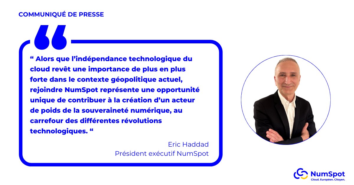[[Annonce 🎯] 

NumSpot est fier d'annoncer la nomination d'Eric Haddad au poste de président exécutif. Il prendra ses fonctions à compter du 1er mars prochain.

Lire le communiqué de presse ➡️ numspot.com/2025/01/15/eri…