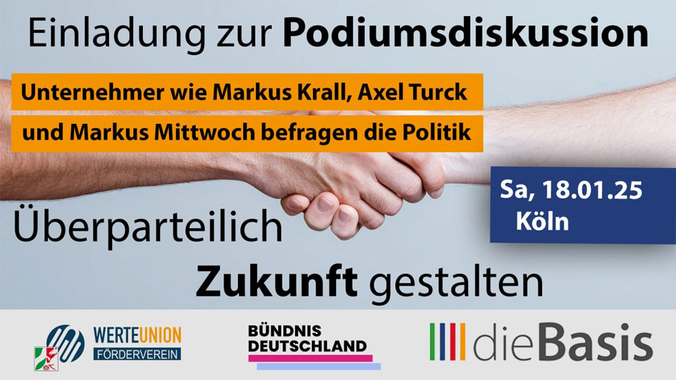 🎙️ Überparteilicher Dialog für die Zukunft: Gemeinsam gestalten!  

Am 18.01. findet eine besondere Podiumsdiskussion in einer Kölner Underground-Location statt, bei der politische Ziele und Werte im Fokus stehen. 🗳️✨  

Teilnehmer sind:  
🔹 BÜNDNIS DEUTSCHLAND – vertreten