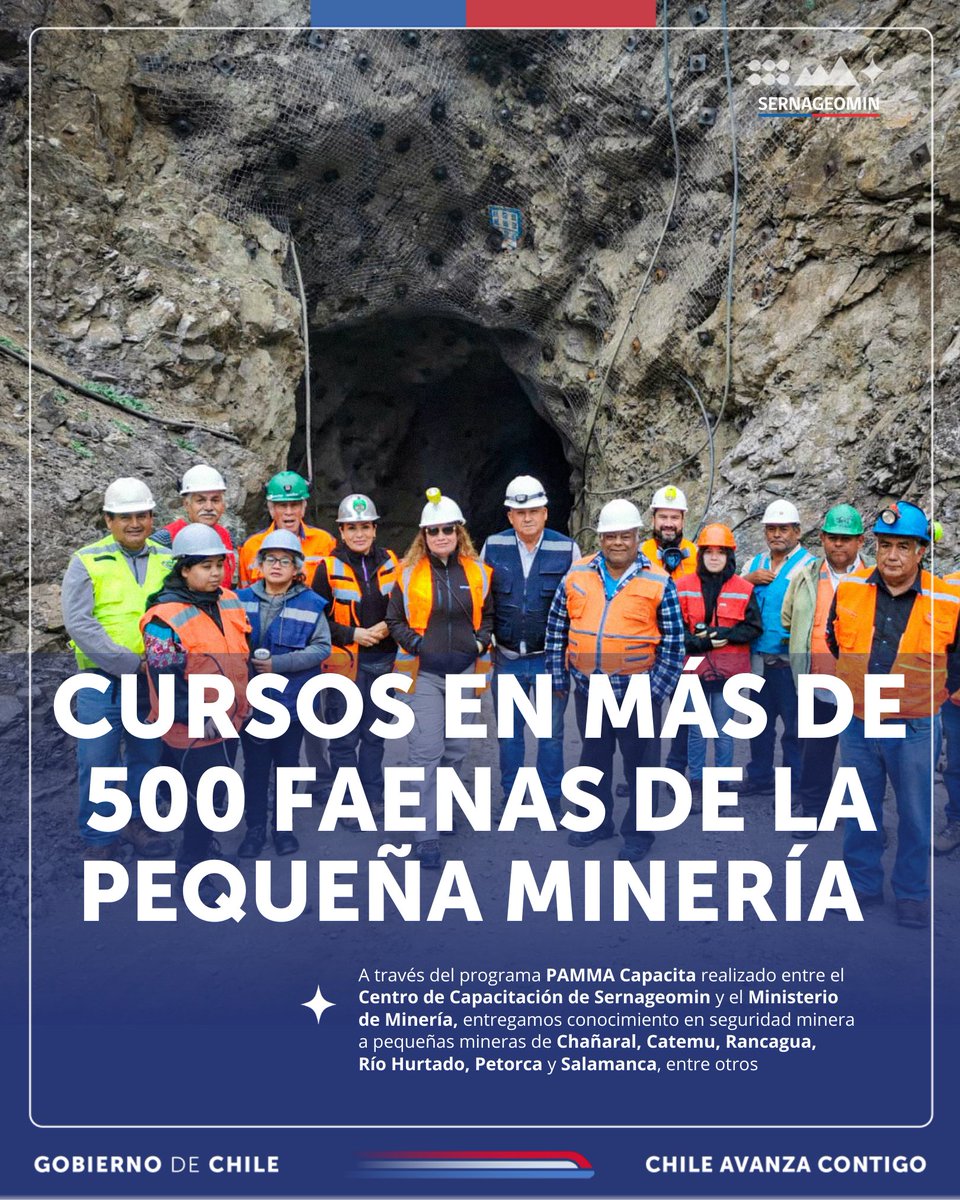 sernageomincl's tweet photo. #Capacitando | En conjunto con el @MinMineria_cl , en 2024 llevamos a cabo el programa Pamma Capacita, un ciclo de cursos de perfeccionamiento para la pequeña minería de Atacama, Coquimbo, Valparaíso y O'Higgins, en temas de seguridad, liderazgo y desarrollo, entre otros. https://t.co/ZIyryqYBBr