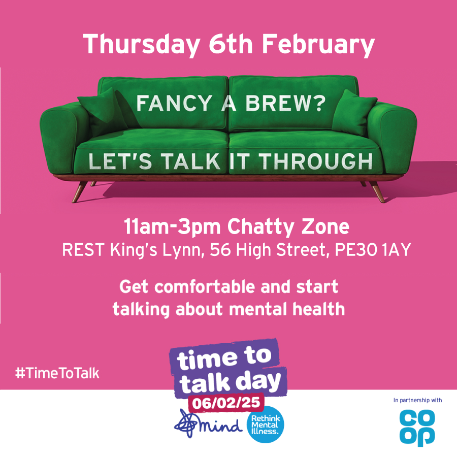 Norfolk and Waveney Mind (@norfolkmind) on Twitter photo February 6 isĀ #TimeToTalkĀ Day, the nationās biggest mental health conversation.
We will be partnering with Castle Quarter and GoEastAnglia/<a href="/konectbuses/">Konectbus</a> in Central Norwich, and in Kingās Lynn our REST hub will become a Chatty Zone for the day.
Visit norfolkandwaveneymind.org.uk/time-to-talk February 6 isĀ #TimeToTalkĀ Day, the nationās biggest mental health conversation.
We will be partnering with Castle Quarter and GoEastAnglia/<a href="/konectbuses/">Konectbus</a> in Central Norwich, and in Kingās Lynn our REST hub will become a Chatty Zone for the day.
Visit norfolkandwaveneymind.org.uk/time-to-talk