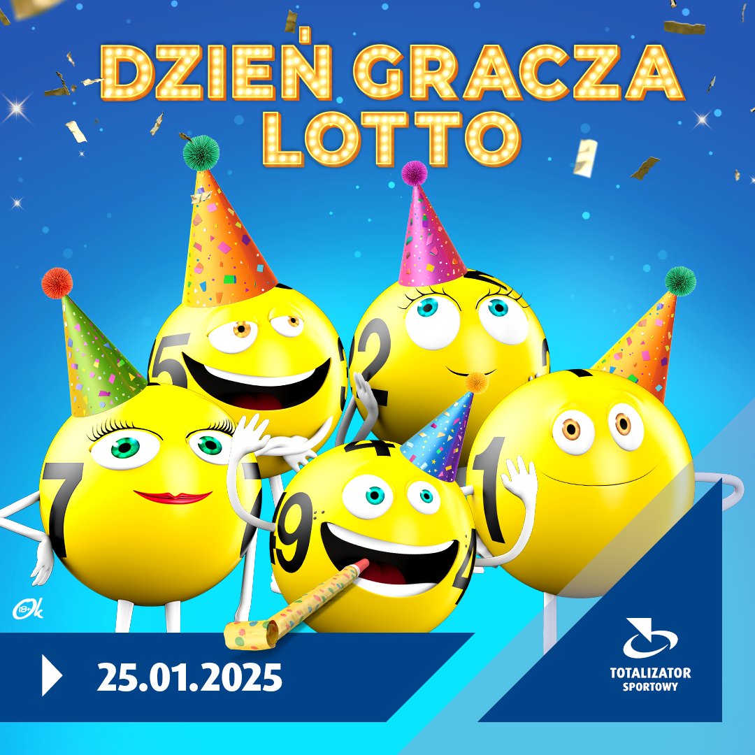 25 stycznia obchodzimy Dzień Gracza LOTTO 🟡

Wyjątkowe święto, które zagościło na stałe w kalendarzu jako doskonała okazja do celebracji radości z grania i wygrywania! 🥳 Tego dnia rozpoczniemy obchody 70-lecia istnienia naszej firmy, które potrwają do 2026 roku, a towarzyszyć