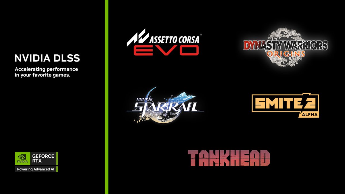 NVIDIAGeForceES's tweet photo. Ya hay disponibles más de 700 juegos y aplicaciones RTX y la lista crece cada semana.

Estos son los últimos juegos en recibir DLSS:
 
🟢Assetto Corsa EVO
🟢DYNASTY WARRIORS: ORIGINS
🟢Honkai: Star Rail
🟢SMITE 2
🟢Tankhead https://t.co/4Ife160XGc