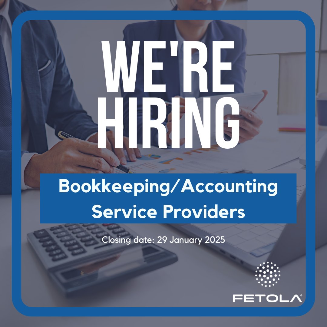 Join Fetola and Make a Difference as a Bookkeeping/Accounting Service Provider! Apply now for the opportunity to support SMEs across South Africa zurl.co/4gfvb 

Closing date: 29 January 2025 

#Hiring #Vacancy #Apply #Accounting #Bookeeping #ServiceProvidsers