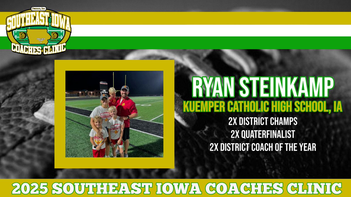 🚨🚨 2025 CLINIC SPEAKER 🚨🚨

Speaker: Ryan Steinkamp
School: Kuemper Catholic High School (IA)
Topic: “Defensive Game Planning - Practice Implementation &amp; Being Multiple w/ Fronts”

Register online at: seiowafootballclinic.com