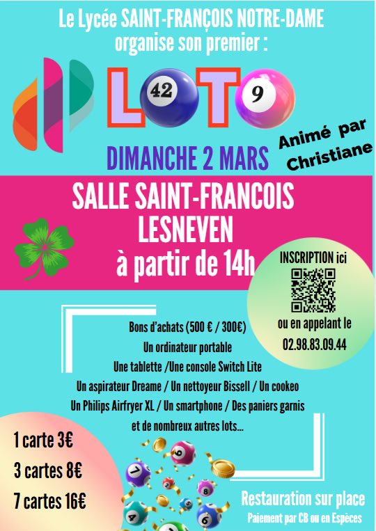 Le dimanche 2 Mars, nous organisons un loto qui se déroulera à la salle Saint-François à partir de 14h00. Il sera animé par Christiane. #SFND #Lesneven