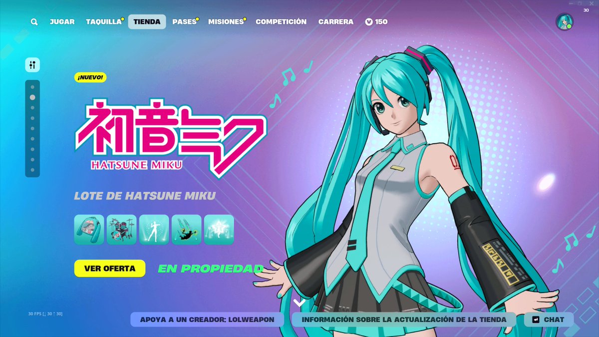 Skin y pase de Miku comprado con el fantabuloso código LOLWEAPON en Fornite, apoyando al padre del anime no se olviden comprar su skin con el código <a href="/Lolweapon/">Lolweapon</a>