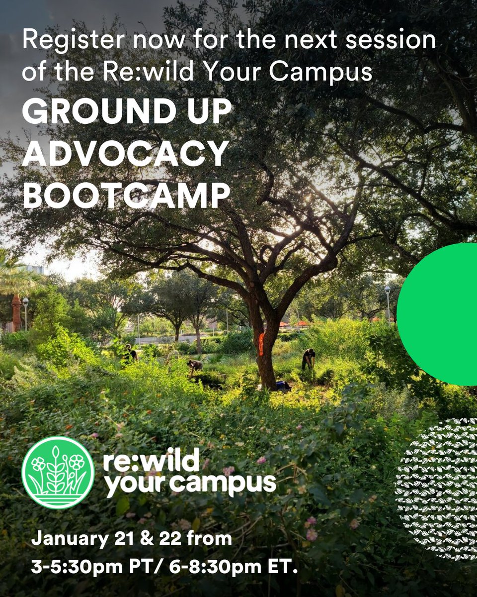 Training announcement! 📢 The <a href="/rewildcampus/">Re:wild Your Campus</a> is excited to hosting Ground Up Advocacy Bootcamp, a 2-day virtual training, January 21 - 22, 2025 from 3-5:30 PM (UTC-8).

FREE to students, suggested donation ($50) for all community members. Register here: forms.gle/Jk92CzaZDb3EXp…