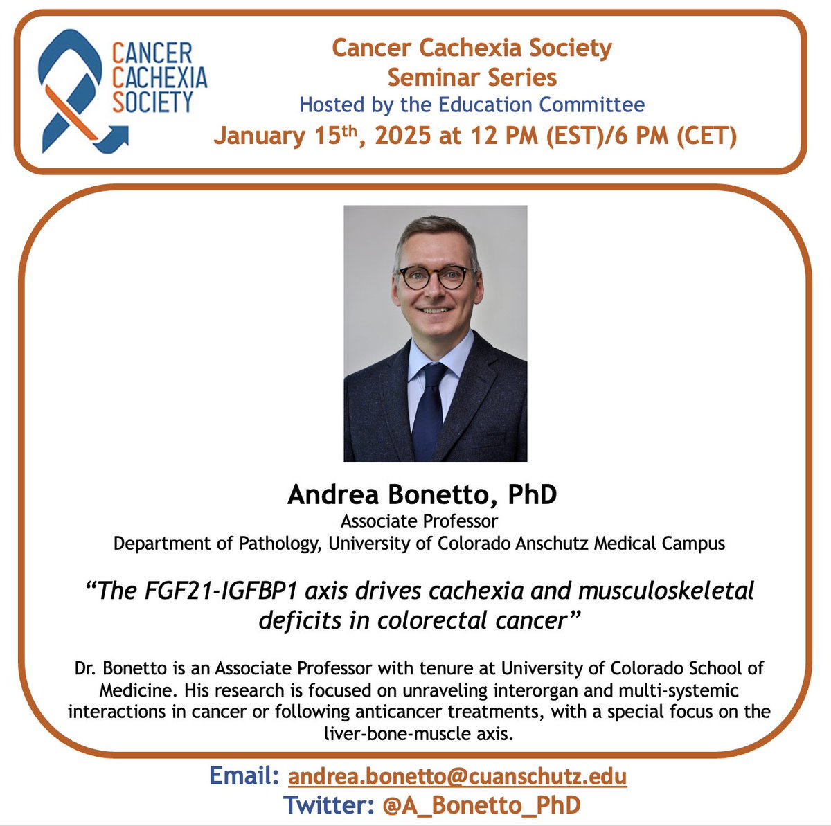 Cancer Cachexia Society (@cancercachexia) on Twitter photo The Education Committee of the <a href="/CancerCachexia/">Cancer Cachexia Society</a> Society invites you to our seminar on January 15 at 12:00 pm EST with Andrea Bonetto, University of Colorado, US.
Seminars are open to everyone, please share!
See cancercachexiasociety.org for link. The Education Committee of the <a href="/CancerCachexia/">Cancer Cachexia Society</a> Society invites you to our seminar on January 15 at 12:00 pm EST with Andrea Bonetto, University of Colorado, US.
Seminars are open to everyone, please share!
See cancercachexiasociety.org for link.
