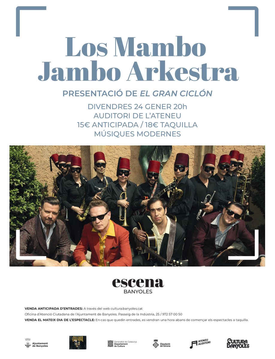 D'aquí 10 dies 👉Los Mambo Jambo Arkestra arriben a Banyoles per presentar 'El Gran Ciclón', el seu segon disc en format #Arkestra. Un huracà vibrant de swing, surf i rock!

🗓️Divendres 24 de gener, a les 20 h
📌Auditori de l'<a href="/ateneubanyoles/">Ateneu de Banyoles</a> 
🎟️Entrades a cultura.banyoles.cat