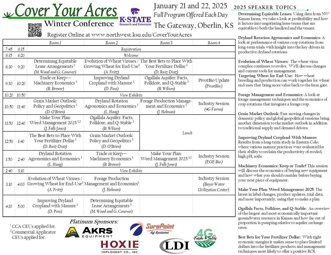 Jeanne Falk Jones (@cropswithjeanne) on Twitter photo Cover You Acres is happening on Jan 21 and 22 in Oberlin! The program is built around hot topics for farmers in NW Ks. Program and registration: northwest.ksu.edu/CoverYourAcres
Register by Jan 15, the cost to attend: Tuesday for $60, Wednesday for $55, or both days for $80. <a href="/LucasAHaag/">Lucas Haag</a> Cover You Acres is happening on Jan 21 and 22 in Oberlin! The program is built around hot topics for farmers in NW Ks. Program and registration: northwest.ksu.edu/CoverYourAcres
Register by Jan 15, the cost to attend: Tuesday for $60, Wednesday for $55, or both days for $80. <a href="/LucasAHaag/">Lucas Haag</a>