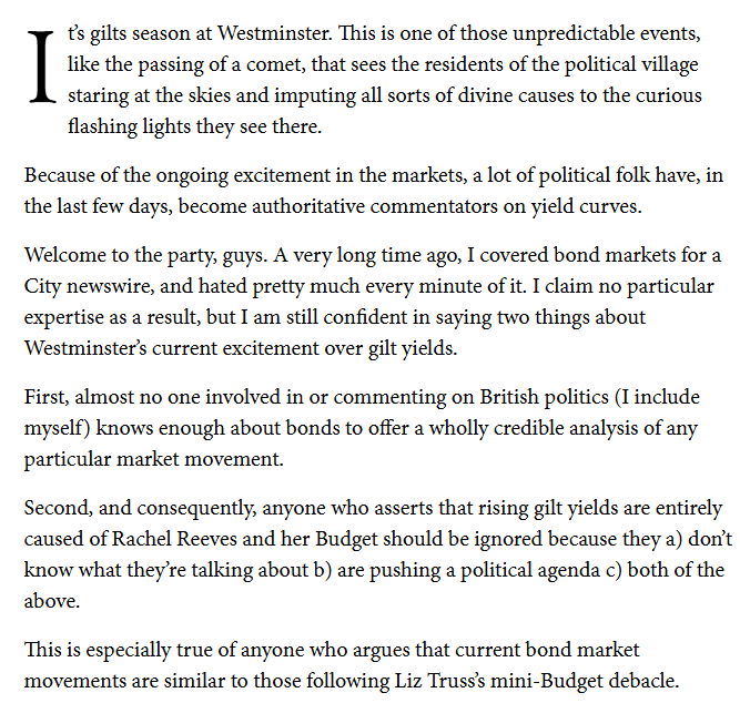 jameskirkup's tweet image. No, Rachel Reeves&apos; Budget isn&apos;t the reason for rising gilt yields.  And no, it&apos;s definitely not the same as the Liz Truss nonsense. 
My latest for @spectator unites my old job as a miserable City journalist with my modern incarnation as a grumpy political commentator.