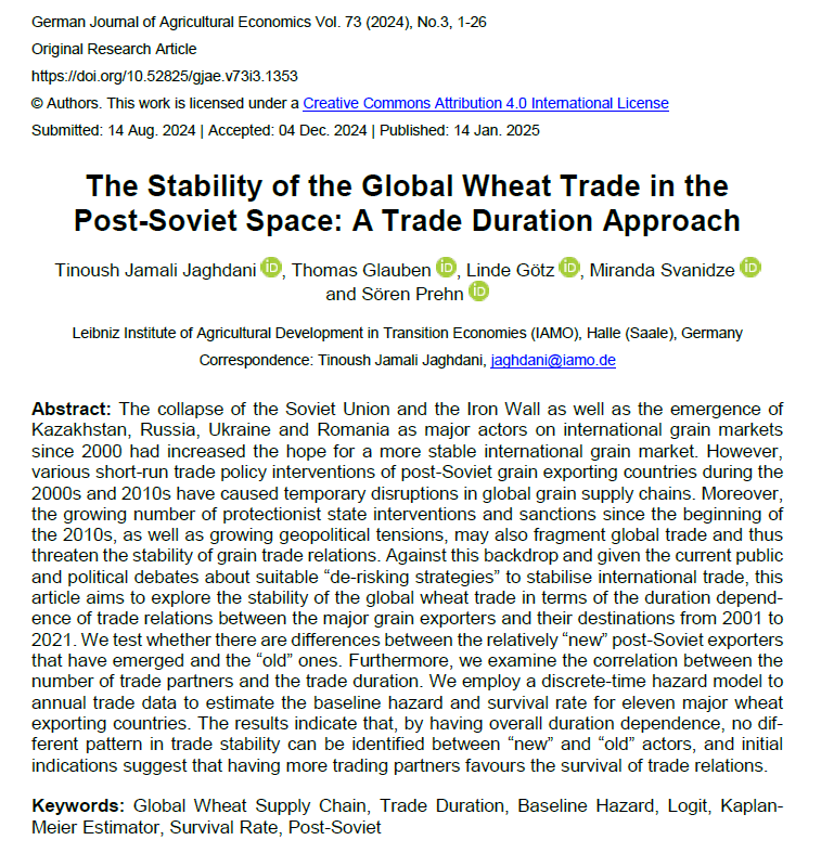 Our paper which is a contribution to trade duration studies on the stability of global wheat trade in Post-Soviet space with co-authors from <a href="/iamoLeibniz/">IAMO</a>  T. Glauebn, <a href="/LindeGoetz/">Linde Götz</a> , <a href="/SvanidzeMiranda/">Miranda Svanidze</a>  &amp; S.Prehn is published at GJAE 👇
doi.org/10.52825/gjae.…