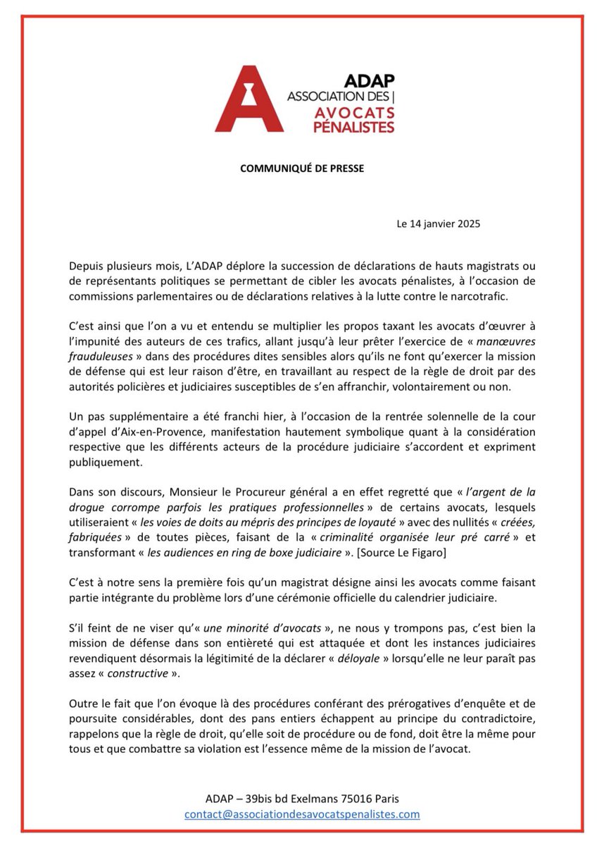 AssoADAP's tweet photo. Pour la 1ère fois lors d’une audience solennelle de rentrée judiciaire, un magistrat s’en prend ouvertement aux avocats en leur imputant d’être partie intégrante du péril lié au narcotrafic. 
C’est scandaleux et l’@AssoADAP ne peut l’accepter. 

Notre réaction est à lire ici ⬇️ https://t.co/ilMvqHn6Hu