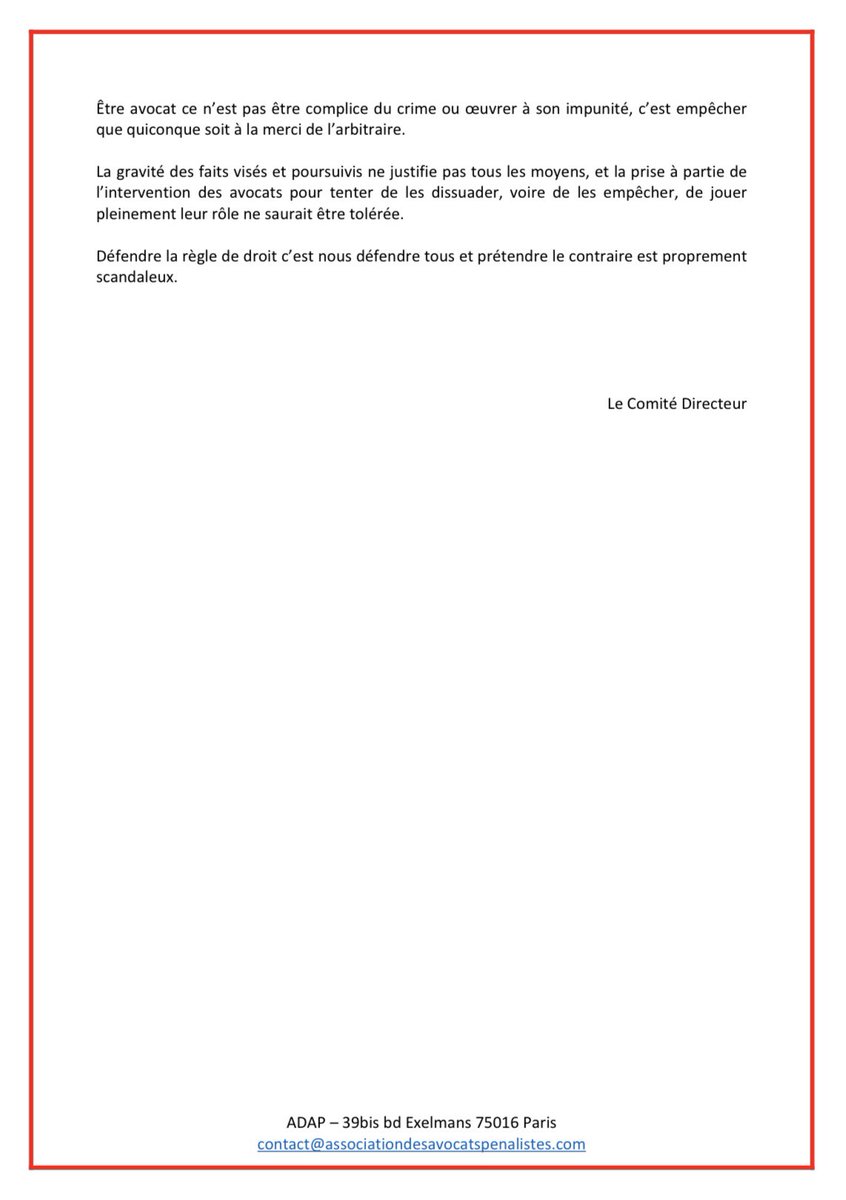 Pour la 1ère fois lors d’une audience solennelle de rentrée judiciaire, un magistrat s’en prend ouvertement aux avocats en leur imputant d’être partie intégrante du péril lié au narcotrafic. 
C’est scandaleux et l’<a href="/AssoADAP/">Association des Avocats Pénalistes</a> ne peut l’accepter. 

Notre réaction est à lire ici ⬇️