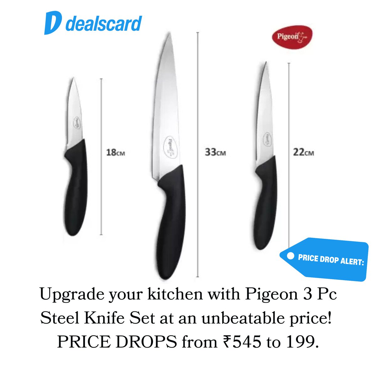 bachatdealloot's tweet photo. #dealoftheday Score big savings on Pigeon 3 Pc Steel Knife Set! Limited-time deal! PRICE DROPS📦from ₹545 to 199 at 63% discount. 
Grab the deal👉https://t.co/WND2uqAmAK https://t.co/C3h9asEIIX https://t.co/xGXkfBhFWN
