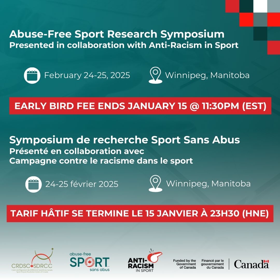 🚨 Last chance to get the early bird fee! 


Don’t miss out on the 2025 Abuse-Free Sport Research Symposium!

Register now, early bird fee is available until January 15 at 11:30pm (EST): bit.ly/4fPN49U