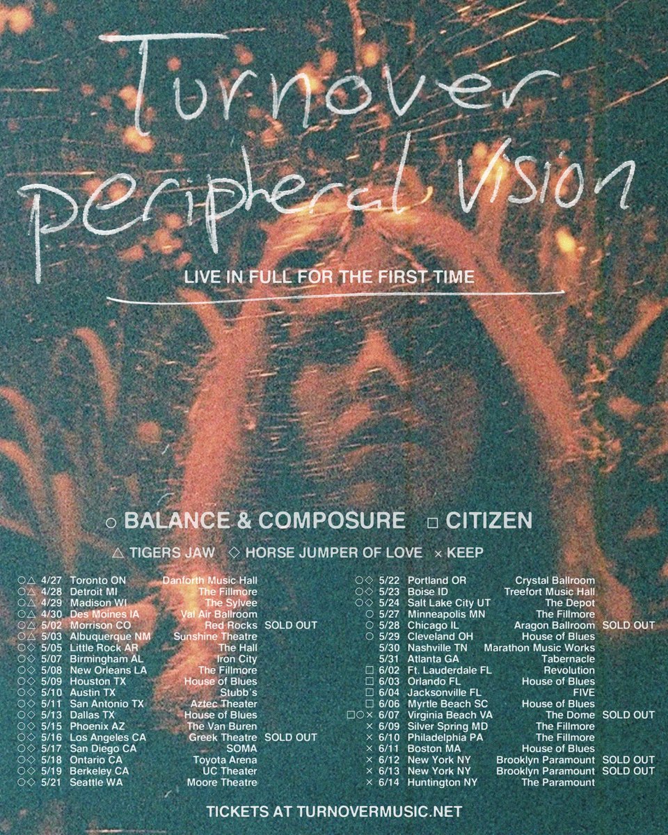 turnoverva's tweet image. Peripheral Vision across the country with @balanceandcomp, @CitizenMi, @tigersjaw , @horsejol, and @KeepVA.

on sale Friday at 10am local 

early VIP ticket bundles on sale today at noon local at turnovermusic.net