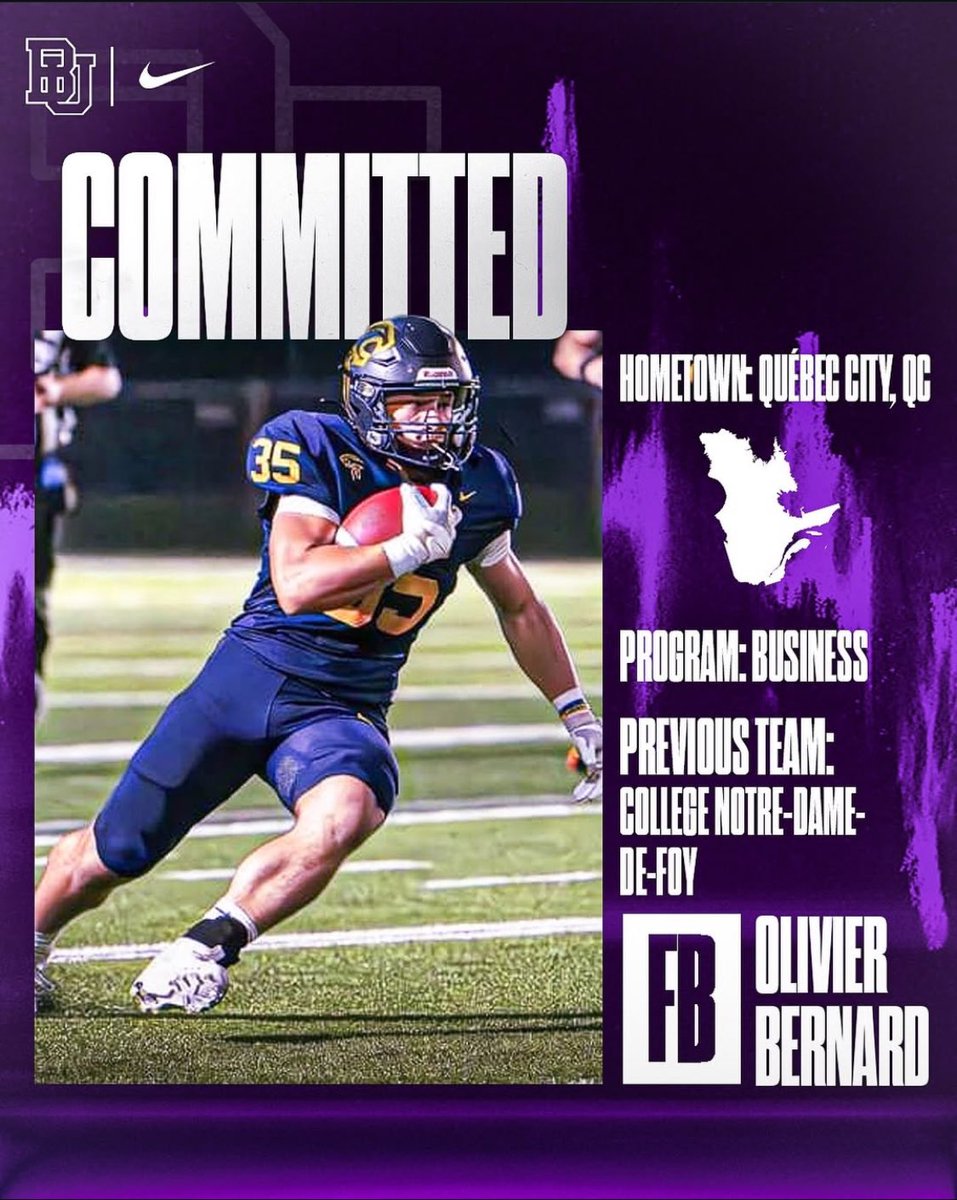 Excited to announce that FB Olivier Bernard has chosen to continue his Academic and athletic journey with Bishop's Gaiters 🏈. He will be pursuing a degree in Business. #BleedPurple 🐊🐊🐊