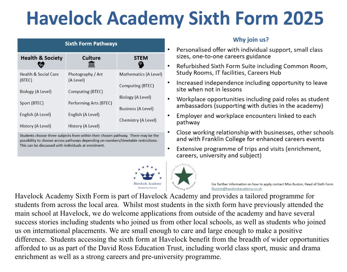 Havelock Sixth Form (@ha_sixthform) on Twitter photo Our brand new offer for 2025!⭐️
Apply to us via Lincs2.
Email lbuston@havelockacademy.co.uk for further information. Our brand new offer for 2025!⭐️
Apply to us via Lincs2.
Email lbuston@havelockacademy.co.uk for further information.