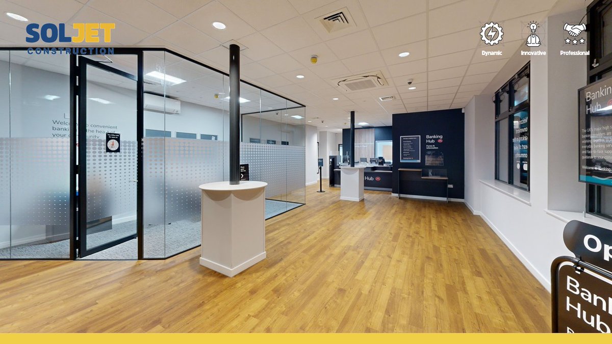 SoljetLtd's tweet photo. Kickstarting the week with our recent project in Elland. Our team delivered our first Post Office Banking Hub on behalf of Integral UK. Discover our commitment to quality: https://t.co/wghi8Gm75Q #ConstructionExperts https://t.co/60VyuBZBJP