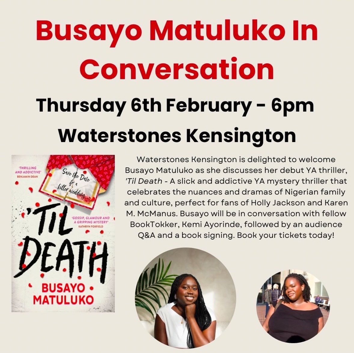 busayo 🌻 (@busayomatuluko) on Twitter photo Kemi and I are going to be speaking <a href="/HSKWaterstones/">Waterstones Kensington</a> on Feb 6th 🍾
It’s gonna be a lot of fun, something tells me we’ll just end up keeping the audience hostage and forcing you guys to listen to us speak for an hour 🤪
Tickets here, come join us!
waterstones.com/events/til-dea… Kemi and I are going to be speaking <a href="/HSKWaterstones/">Waterstones Kensington</a> on Feb 6th 🍾
It’s gonna be a lot of fun, something tells me we’ll just end up keeping the audience hostage and forcing you guys to listen to us speak for an hour 🤪
Tickets here, come join us!
waterstones.com/events/til-dea…