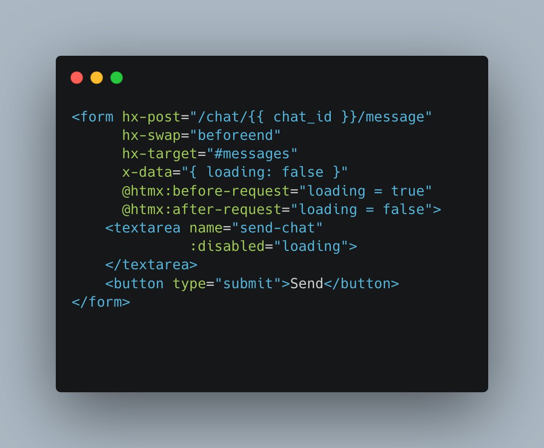 🔥 ChatGPT-like UI without the complexity:

HTMX + Django + Alpine = real-time chat in ~20 LOC

No WebSockets. No state management. Just HTML over the wire.

Sometimes boring tech wins.

#DevCommunity #coding #buildinpublic #developers