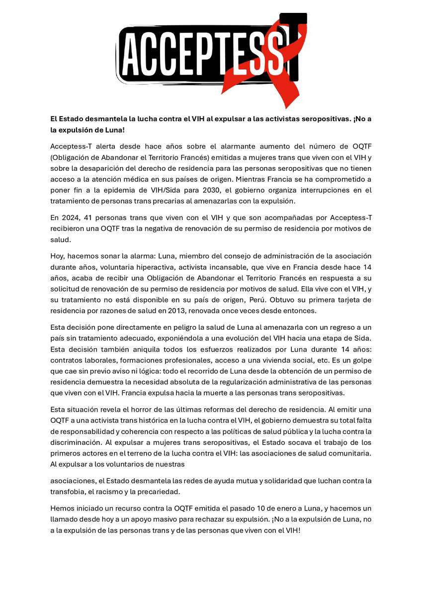 [Communiqué de presse Acceptess-T] 
📢L'état français démantèle la lutte contre le VIH en expulsant les militantes séropositives. Non à l'expulsion de Luna !