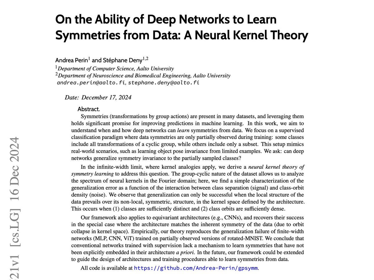 Stephane Deny (@stphtphsn1) on Twitter photo New Preprint: "On the Ability of Deep Networks to Learn Symmetries from Data: A Neural Kernel Theory" by Andrea Perin and myself. Retweets of this post or the thread below are highly appreciated! Follow <a href="/perina_ndrea/">Andrea</a> for future updates on this line of work. New Preprint: "On the Ability of Deep Networks to Learn Symmetries from Data: A Neural Kernel Theory" by Andrea Perin and myself. Retweets of this post or the thread below are highly appreciated! Follow <a href="/perina_ndrea/">Andrea</a> for future updates on this line of work.