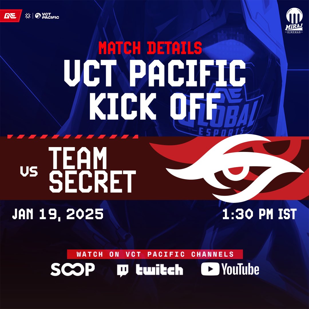 GlobalEsportsIn's tweet photo. Watch #VCT on a CINEMA SCREEN!! 😳

On 19th January, We are hosting a Watchparty of our first #VCT2025 match - VCT Kickoff - Global Esports vs Team Secret, at Miraj Cinemas Wadala, Mumbai, in a CINEMA HALL!

There is a lot more for the people who do show up. 😉
First come, first serve, NO ENTRY FEE.

#GEFighting #Watchparty #Mumbai #VCTPacific