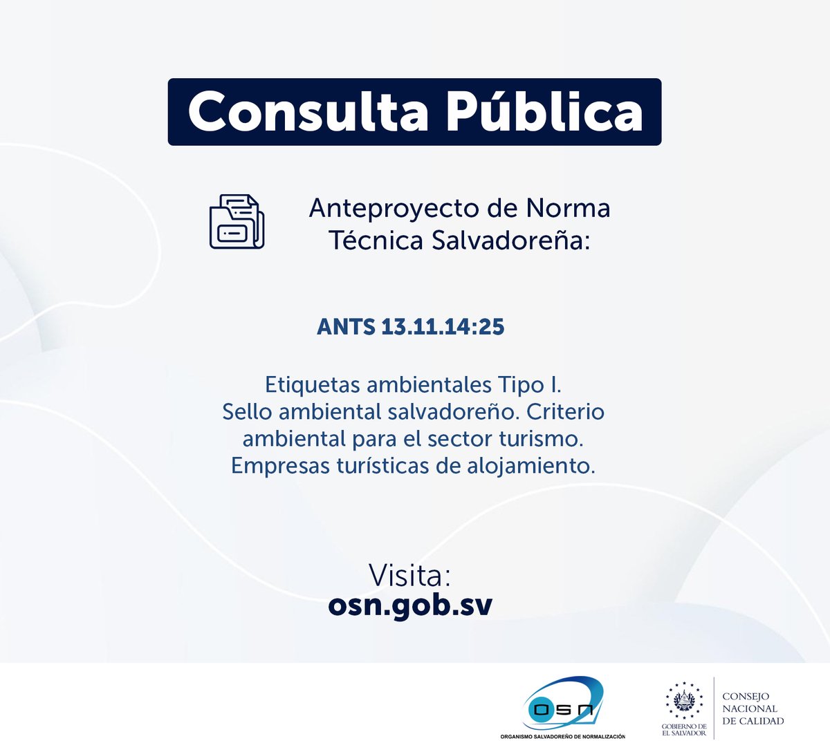 Iniciamos una nueva Consulta Pública del Anteproyecto de Norma Técnica Salvadoreña sobre Etiquetas ambientales para las empresas turísticas de alojamiento.

👉📲💻Ingresa: bit.ly/3JBsxJd.