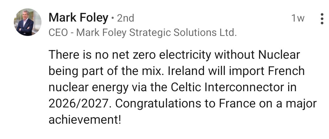 Former <a href="/EirGrid/">EirGrid Plc</a> CEO Mark Foley states "there is no net zero without nuclear", while congratulating france on the commissioning of a new nuclear reactor

But why not have an Irish nuclear industry, supporting the Irish economy, creating Irish jobs, improving Irish energy security?