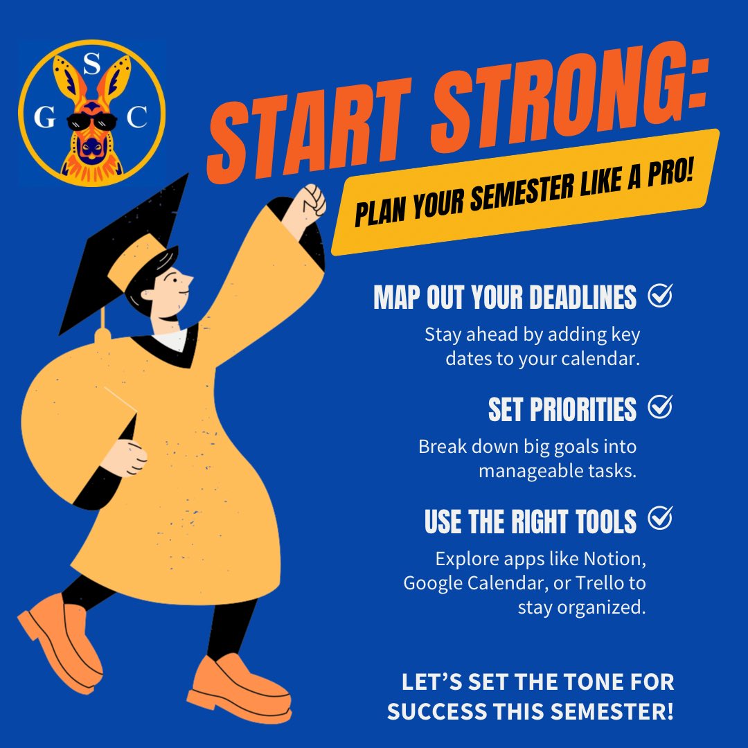 umkcgsc's tweet image. 🗓️ Plan Your Semester Like a Pro!
Map Out Deadlines: Add important dates to your calendar now.
Set Priorities: Break big goals into smaller tasks you can handle each week.
Use the Right Tools: Stay organized with apps like Notion, or Google Calendar.
#GradLife #SemesterSuccess