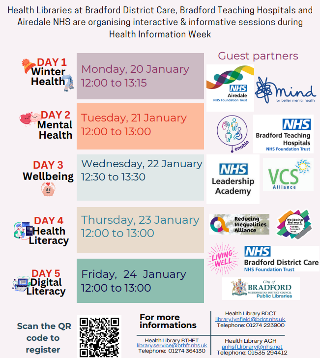 Join us for our Health Information Week online lunchtime sessions starting 20th January! 🌟
Featuring an incredible lineup of speakers, we're exploring topics like wellbeing, health literacy and digital skills 💻✨
Don't miss out—sign up here: bdcpartnership.co.uk/health-informa…