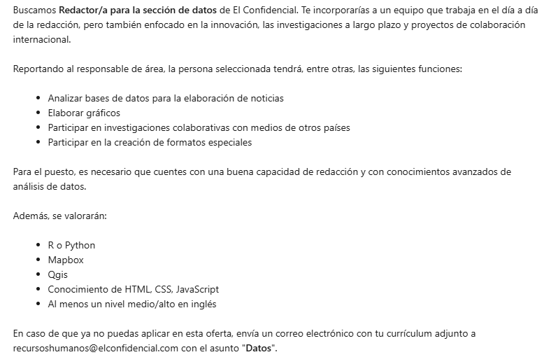 Miguel Ángel Gavilanes (@mangelgavilanes) on Twitter photo ¡Buscamos periodista de datos para El Confidencial! Si crees que tienes uno o varios de los requisitos que buscamos, anímate a mandar tu CV a recursoshumanos@elconfidencial.com con el asunto 'Datos'.
La oferta la tenéis en linkedin.com/jobs/view/4122… ¡Buscamos periodista de datos para El Confidencial! Si crees que tienes uno o varios de los requisitos que buscamos, anímate a mandar tu CV a recursoshumanos@elconfidencial.com con el asunto 'Datos'.
La oferta la tenéis en linkedin.com/jobs/view/4122…
