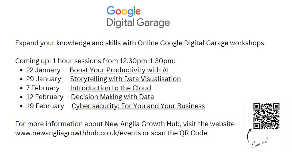 BusDevBDC's tweet image. Some fantastic workshops coming this month.  Don&apos;t miss this opportunity.  Book your place now.
#GoogleDigitalGarage #Breckland #Business #Knowledge #Skills