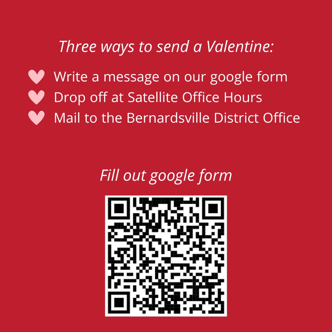CongressmanKean's tweet photo. Valentine's Day is just one month away, and to celebrate, I am collecting Valentine's cards for first responders in #NJ07! To participate, you can fill out a Google Form to write a message, drop off your cards at a Satellite Office Hour, or mail them to our Bernardsville District office.

Any questions, please do not hesitate to call my office at 908-547-3307.