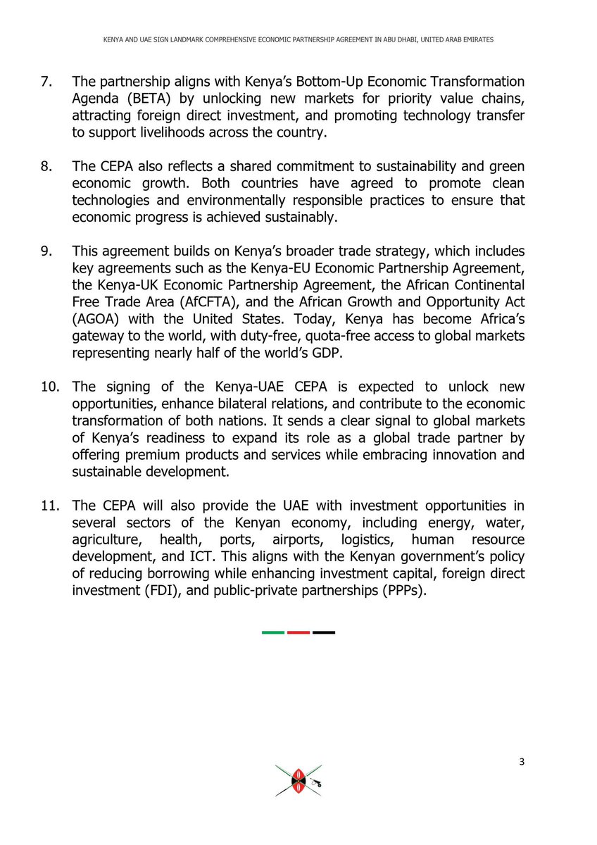 HusseinMohamedg's tweet image. PRESS STATEMENT:

President @WilliamsRuto and UAE’s President H.H Sheikh Mohamed bin Zayed Al Nahyan preside over the historic signing of the Kenya-UAE Comprehensive Economic Partnership Agreement (CEPA), aimed at easing market access for Kenyan products while boosting key…
