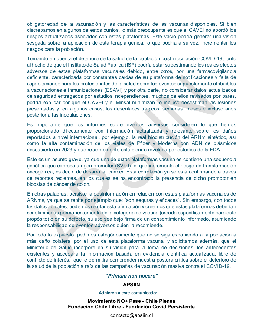 Tras la noticia sobre la posible incorporación de las inoculaciones génicas contra el COVID-19 al Programa Nacional de Inmunizaciones, emitimos la presente declaración para subrayar la infundada naturaleza de esta propuesta, destacando los graves efectos adversos que estos