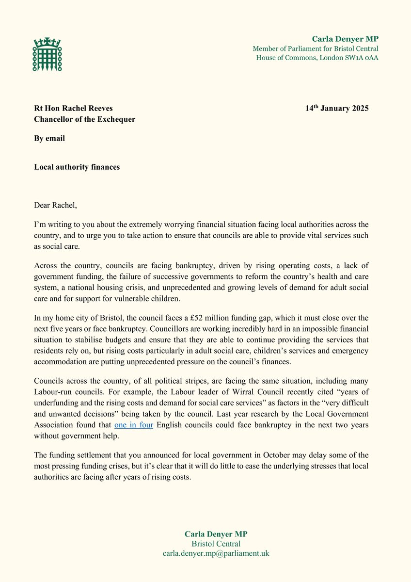 carla_denyer's tweet photo. I've written to @RachelReevesMP about the financial struggles facing councils across the country &amp; the impossible choices they're having to make. Public services have been cut to the bone &amp; we're all feeling the impact. We need to see a wealth tax, not further cuts. https://t.co/dKPSD6Oa6B