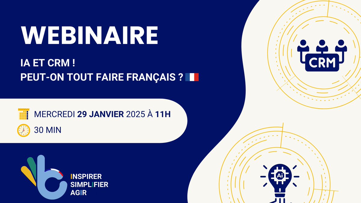 Webinaire : IA et CRM : Peut-on tout faire français ?

Rejoignez-nous le 29 janvier à 11h pour un webinaire de 30 min.

Au programme :
Solutions IA et CRM français, focus sur les architectures souveraines et un cas d'usage <a href="/MistralAI/">Mistral AI</a> <a href="/sellsy_app/">Sellsy</a>

bit.ly/40jurp9