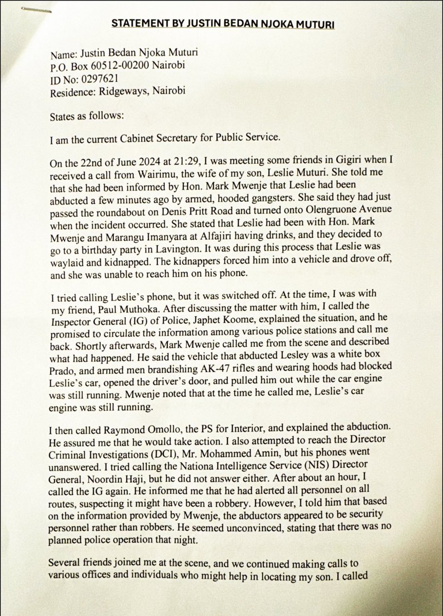 C_NyaKundiH's tweet image. Statement by Cabinet Secretary for Public Service Justin Muturi regarding the abduction of his son, Leslie Muturi, on June 22, 2024.
