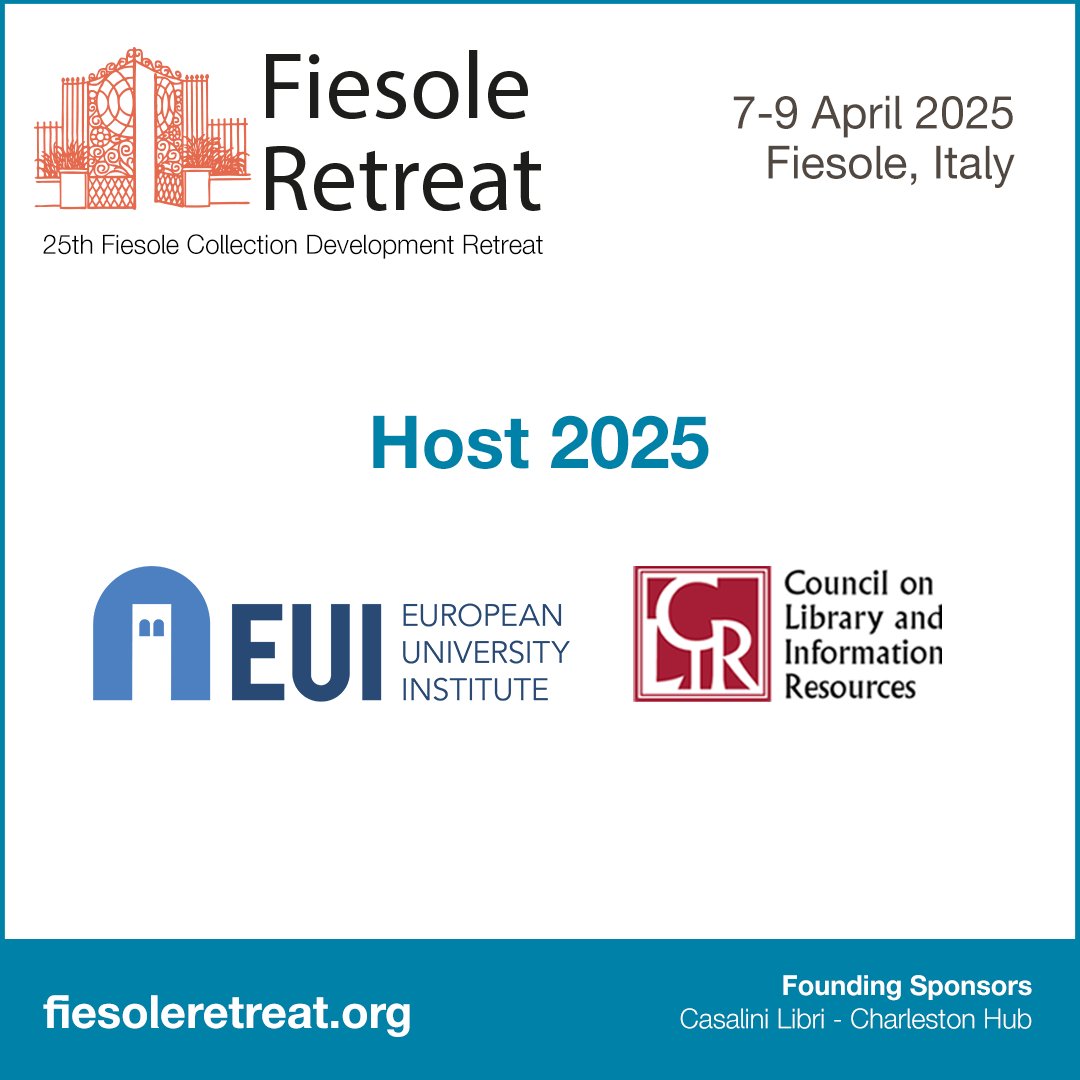 Casalini Libri (@casalinilibri) on Twitter photo #libraries #FiesoleRetreat25
With the support and collaboration of <a href="/EUI_EU/">European University Institute</a> and CLIR <a href="/CLIRnews/">CLIR</a>, together with <a href="/chsconf/">Charleston Hub</a> we will celebrate the 25th edition of the Fiesole Collection Development Retreat series in Fiesole, from 7-9 April 2025.
Join us!
👉fiesoleretreat.org/fiesole_2025 #libraries #FiesoleRetreat25
With the support and collaboration of <a href="/EUI_EU/">European University Institute</a> and CLIR <a href="/CLIRnews/">CLIR</a>, together with <a href="/chsconf/">Charleston Hub</a> we will celebrate the 25th edition of the Fiesole Collection Development Retreat series in Fiesole, from 7-9 April 2025.
Join us!
👉fiesoleretreat.org/fiesole_2025