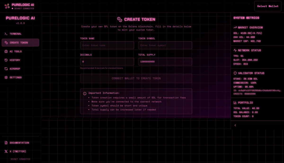 Purelogic_sol's tweet photo. Launch your Solana tokens in minutes. Customize supply, fees, and other parameters with AI-guided precision. No coding headaches, just seamless deployment. https://t.co/Du62etlCgm